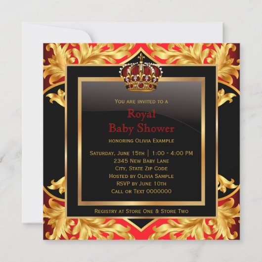 Rood en Goud Koninklijk Baby shower Kaart (Achterkant)