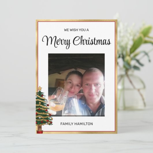 Rood en Goud Lijst Kerstmis Foto Flat Feestdagenkaart (Staand voorkant)