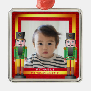 Rood en goud Lijst & Nutcracker Baby 1e Kerstmis Metalen Ornament