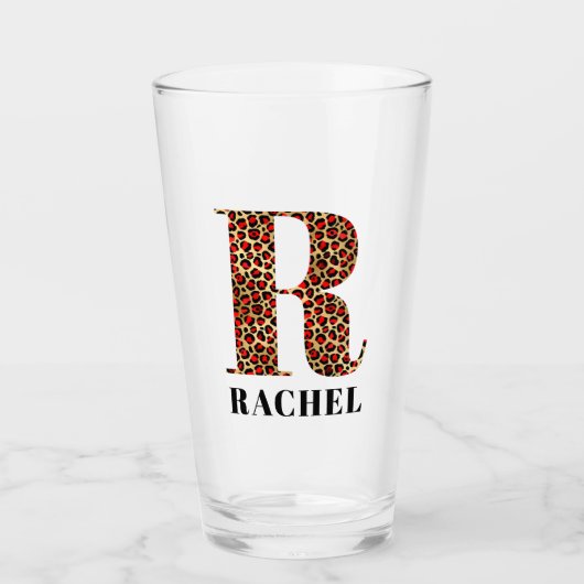 Rood en Goud Luipaard Glam Monogram R Glas (Voorkant)