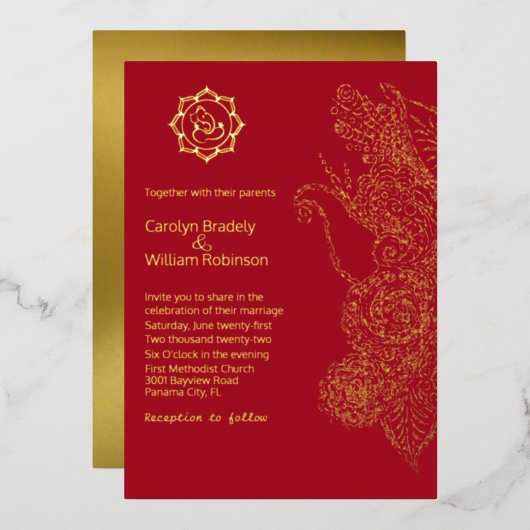 Rood en goud Mandala en Ganesha Wedding Folie Uitnodiging (Voorkant / Achterkant)