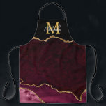 Rood en Goud Marmeren Agaat Schort<br><div class="desc">Dit schort heeft een elegante en glamoureuze agate marmeren achtergrond met geode edelsteen detaillering en faux gold glitter accenten. Het monogram combineert handgeschreven script en moderne schreefloze lettertypen voor een stijlvolle en verfijnde look. Dit maakt het ideale cadeau omdat het kan worden aangepast met een naam en initiaal. De dieprode...</div>