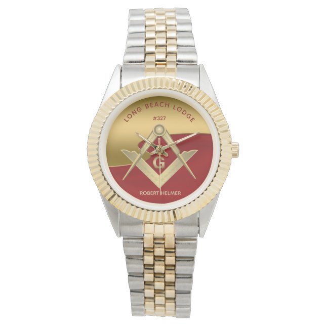 Rood en Goud Masonic Monogrammed Horloge (Voorkant)