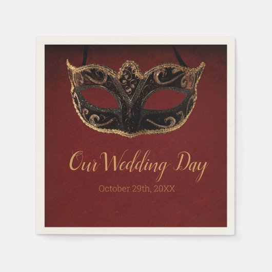 Rood en Goud Masquerade Bruiloft Servet (Voorkant)