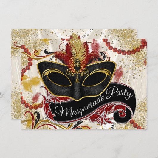 Rood en Goud Masquerade Party Kaart (Voorkant / Achterkant)