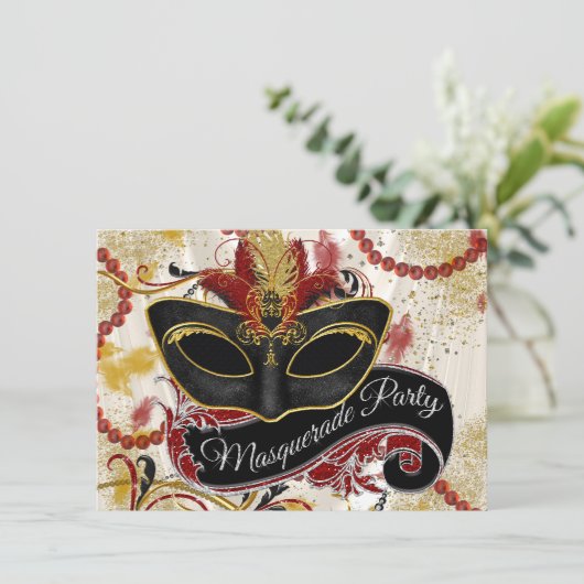 Rood en Goud Masquerade Party Kaart (Staand voorkant)