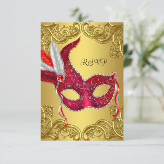 Rood en Goud Masquerade Party RSVP (Staand voorkant)