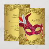 Rood en Goud Masquerade Party RSVP Kaartje (Voorkant / Achterkant)