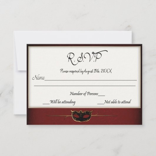 Rood en goud Masquerade RSVP Kaartje (Voorkant)