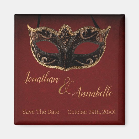 Rood en Goud Masquerade Save The Date Magneet (Voorkant)