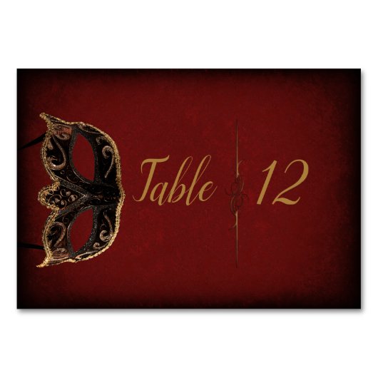 Rood en Goud Masquerade Trouwtafel Kaart (Voorkant)