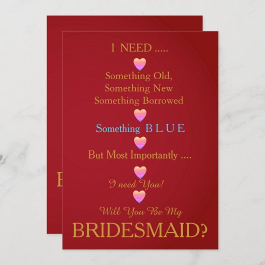 Rood en goud met hart word je mijn Bridesmaid Kaart (Voorkant / Achterkant)