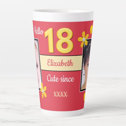 Rood en goud met naam 18e verjaardagsfoto latte mok (Voorkant)