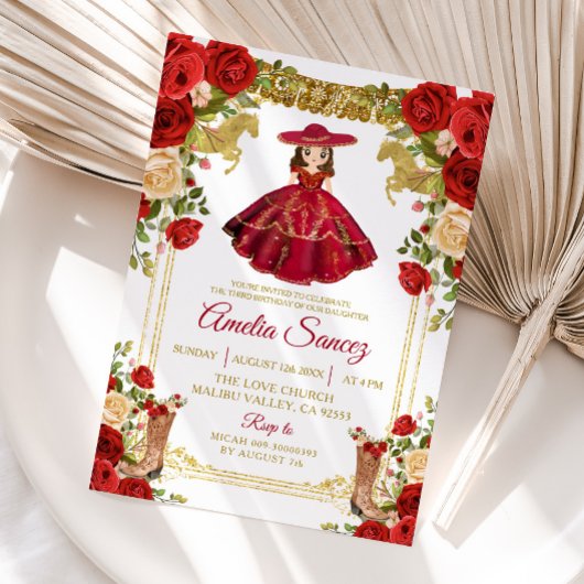 Rood en goud Mexicaans meisje Tres Añ os Birthday Kaart