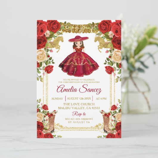 Rood en goud Mexicaans meisje Tres Añ os Birthday Kaart (Staand voorkant)