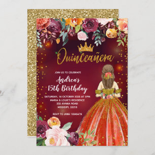 Rood en Goud Mexicaanse Prinses Quinceañera Verjaa Kaart
