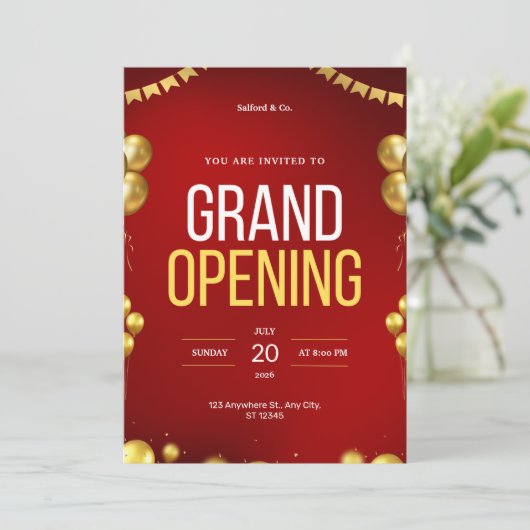 Rood en Goud Modern Grand Opening Uitnodiging (Staand voorkant)