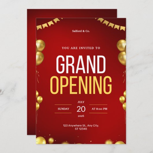 Rood en Goud Modern Grand Opening Uitnodiging (Voorkant / Achterkant)