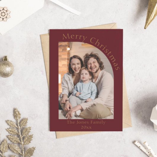 Rood en Goud Moderne Boog Foto Kerstmis Feestdagenkaart