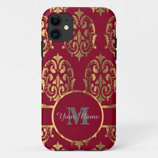 Rood en goud monogram damast Case-Mate iPhone case (Achterkant)