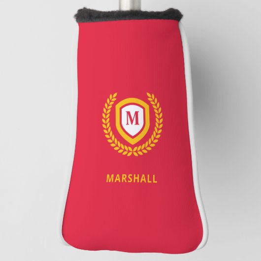 Rood en Goud Monogram Logo Crest Golfheadcover (Draai 90)