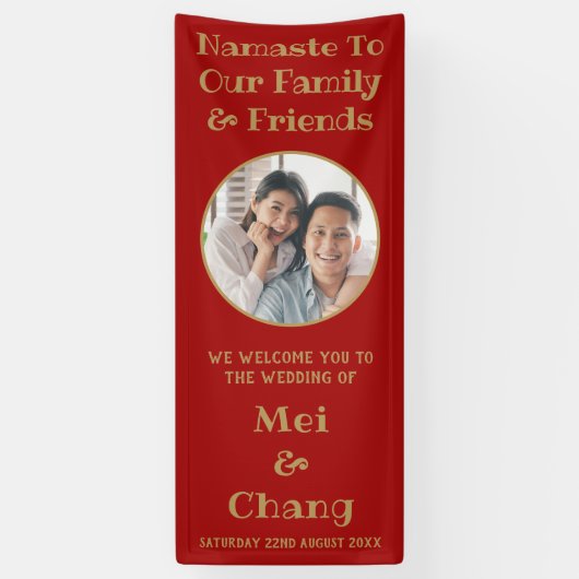 Rood en goud paar foto bruiloft welkom spandoek (Verticaal)