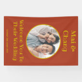 Rood en Goud Paar Naam en Foto Bruiloft Welkom Spandoek (Horizontaal)