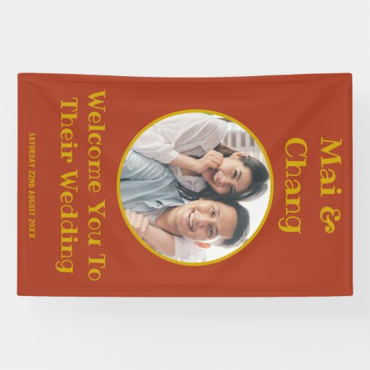 Rood en Goud Paar Naam en Foto Bruiloft Welkom Spandoek (Horizontaal)