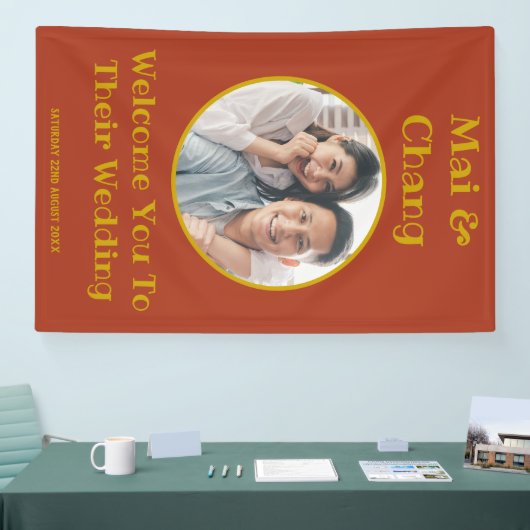 Rood en Goud Paar Naam en Foto Bruiloft Welkom Spandoek (Beurs)