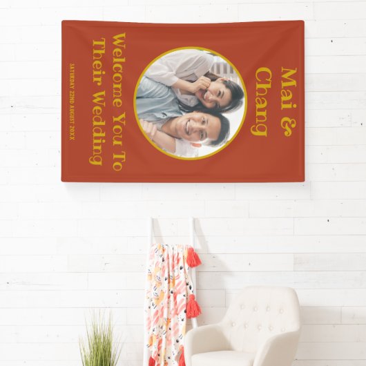 Rood en Goud Paar Naam en Foto Bruiloft Welkom Spandoek (Insitu)