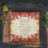 Rood en goud Paisley Peacock Renaissance Wedding Kaart