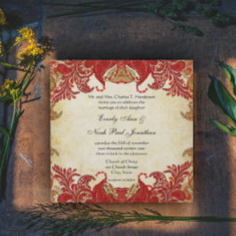 Rood en goud Paisley Peacock Renaissance Wedding Kaart