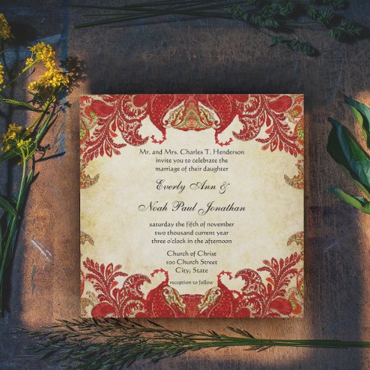 Rood en goud Paisley Peacock Renaissance Wedding Kaart