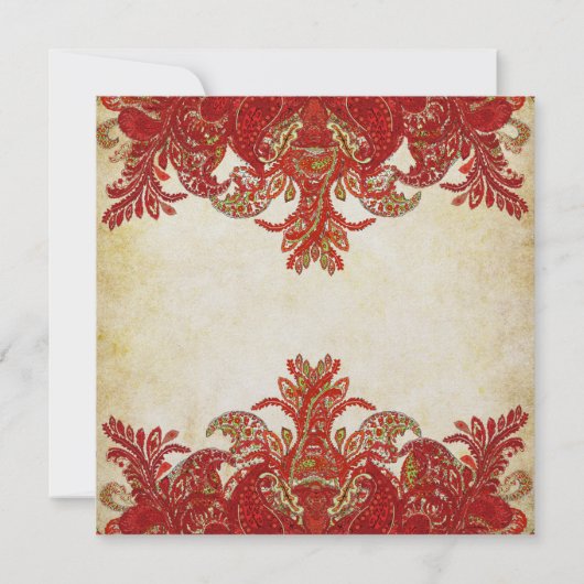 Rood en goud Paisley Peacock Renaissance Wedding Kaart (Achterkant)