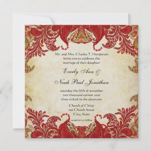 Rood en goud Paisley Peacock Renaissance Wedding Kaart (Voorkant)