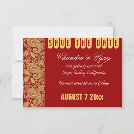 Rood en goud paisley Save the date bruiloft Kaart (Voorkant)