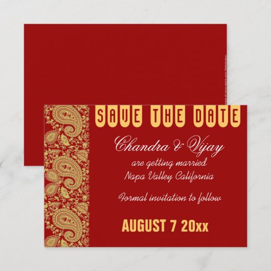 Rood en goud paisley Save the date bruiloft Kaart (Voorkant / Achterkant)