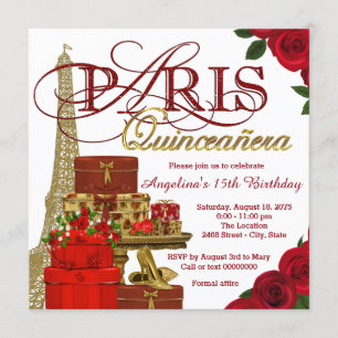 Rood en goud Parijs Quinceanera Kaart