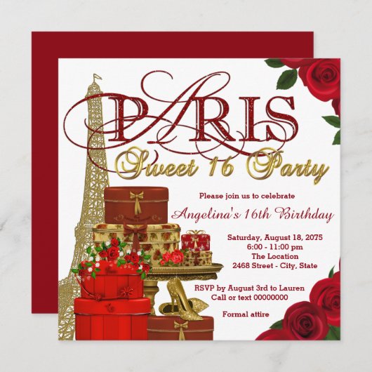 Rood en Goud Paris Sweet 16 Party Kaart (Voorkant / Achterkant)
