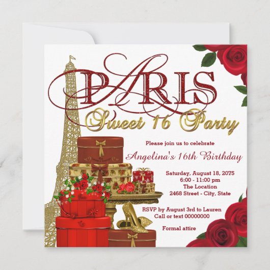Rood en Goud Paris Sweet 16 Party Kaart (Voorkant)