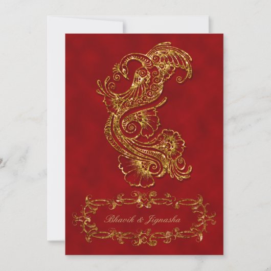 Rood en Goud Peacock Indiase bruiloft uitnodiging (Voorkant)