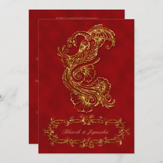 Rood en Goud Peacock Indiase bruiloft uitnodiging (Voorkant / Achterkant)
