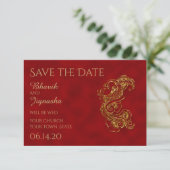 Rood en Goud Peacock Indische Bruiloft Save the Da Date (Staand voorkant)