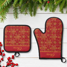 Rood en Goud Persoonlijk Ovenwant & Pannenlap Set