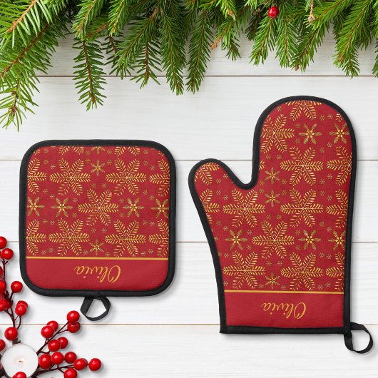 Rood en Goud Persoonlijk Ovenwant & Pannenlap Set