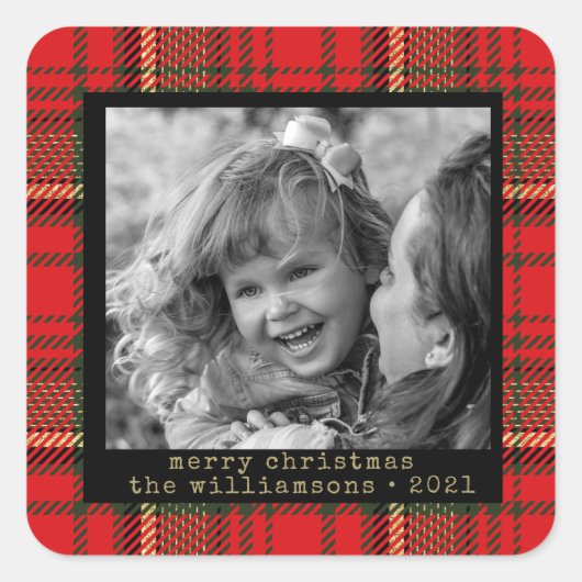 Rood en Goud Plaid Familie Foto Kerst sticker (Voorkant)
