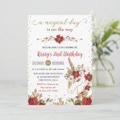 Rood en goud Poinsettia Unicorn Face Birthday Kaart (Staand voorkant)