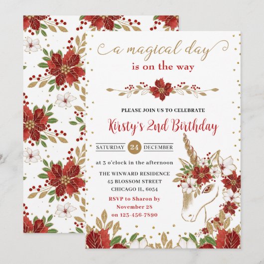 Rood en goud Poinsettia Unicorn Face Birthday Kaart (Voorkant / Achterkant)