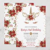 Rood en goud Poinsettia Unicorn Face Birthday Kaart (Voorkant / Achterkant)