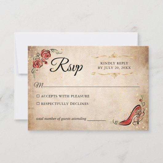 Rood en Goud Prinses Elegant Bruiloft RSVP Kaartje (Voorkant)